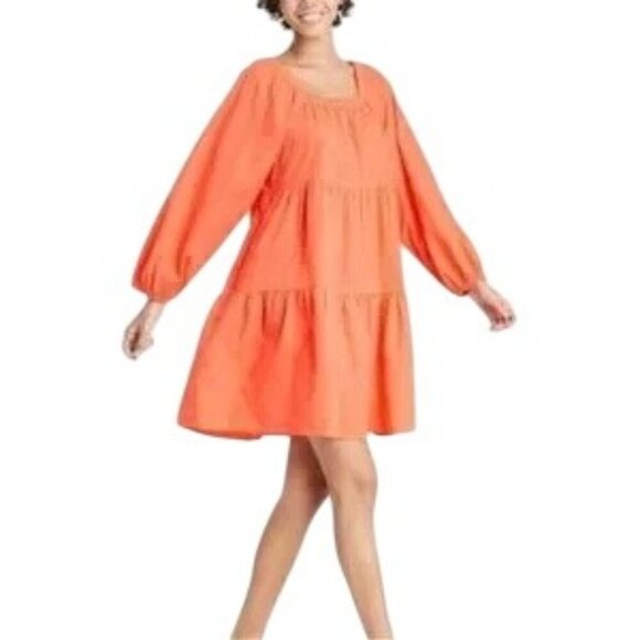Universal Thread Orange Tiered Balloon Long Sleeve Dress - Picture 1 of 7